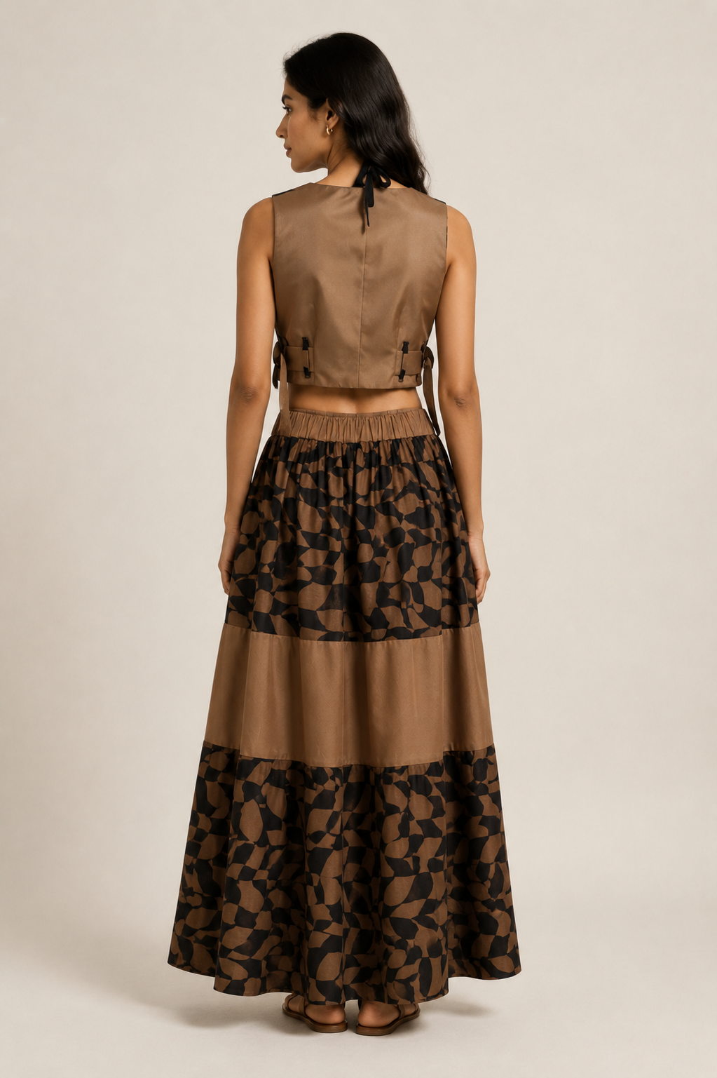 Abstract Mocha Geometric Co-Ord Set | Sustainable Sleeveless Crop Top & Tiered Maxi Skirt