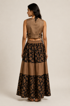 Abstract Mocha Geometric Co-Ord Set | Sustainable Sleeveless Crop Top & Tiered Maxi Skirt