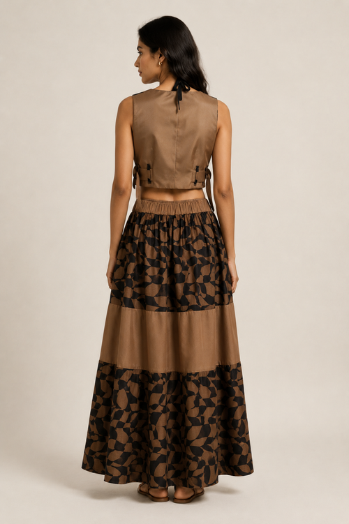 Abstract Mocha Geometric Co-Ord Set | Sustainable Sleeveless Crop Top & Tiered Maxi Skirt