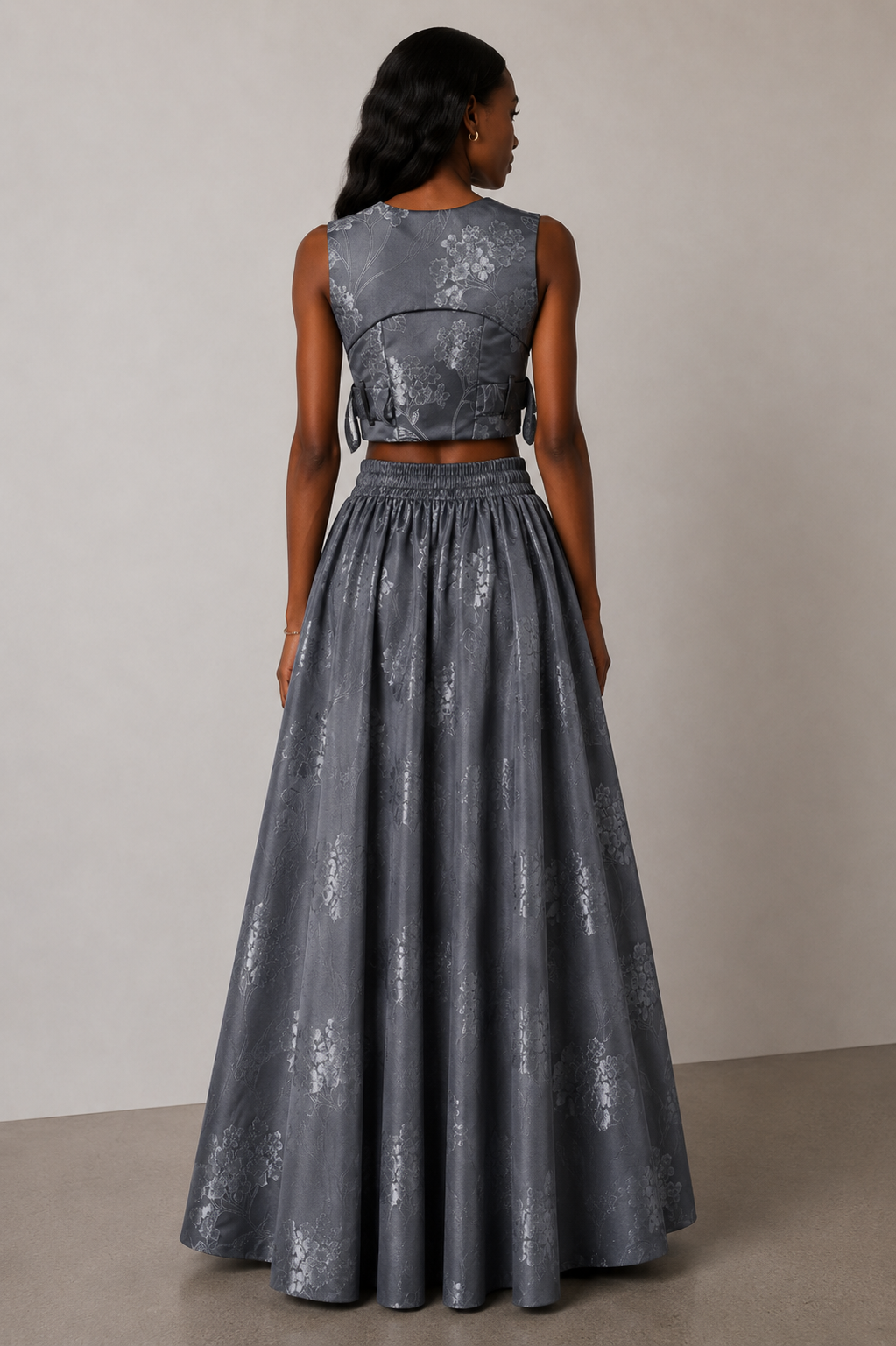Silver Grey Floral Jacquard Co-Ord Set | Sustainable Sleeveless Crop Top & Maxi Skirt