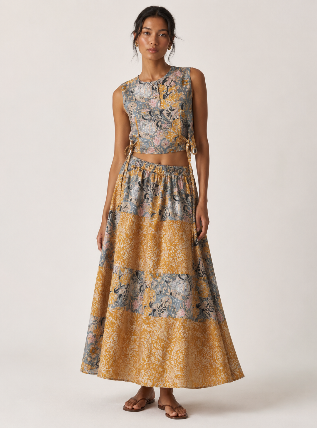Golden Botanical Floral Co-Ord Set | Sustainable Sleeveless Crop Top & Tiered Maxi Skirt