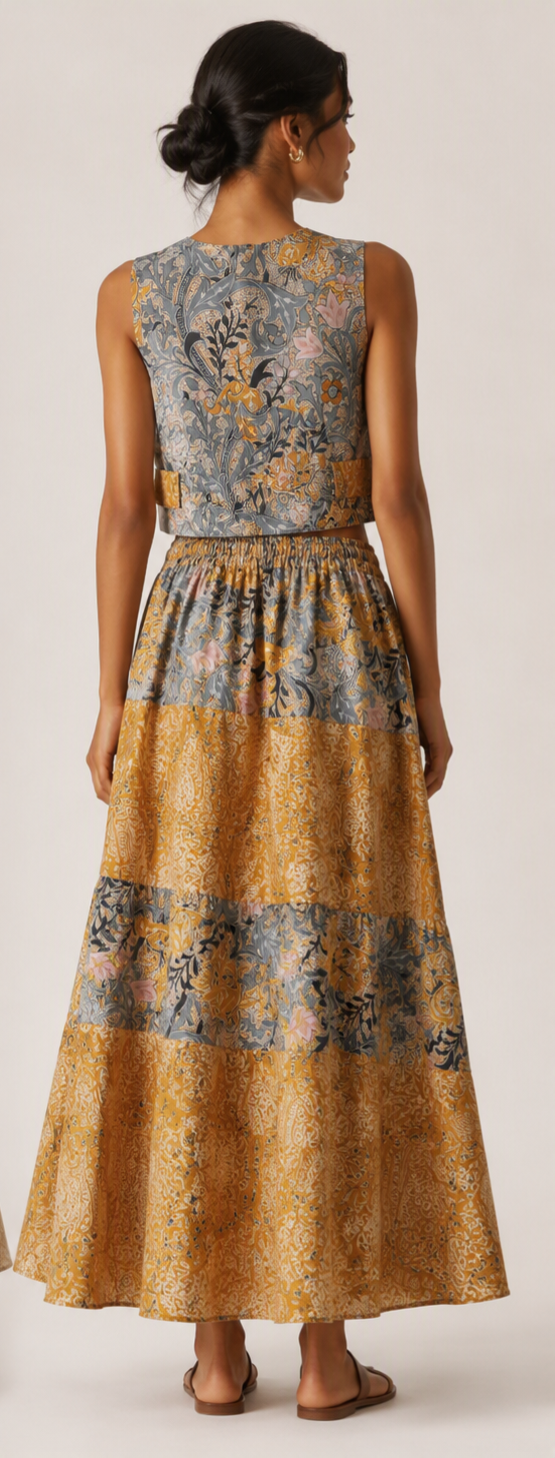 Golden Botanical Floral Co-Ord Set | Sustainable Sleeveless Crop Top & Tiered Maxi Skirt