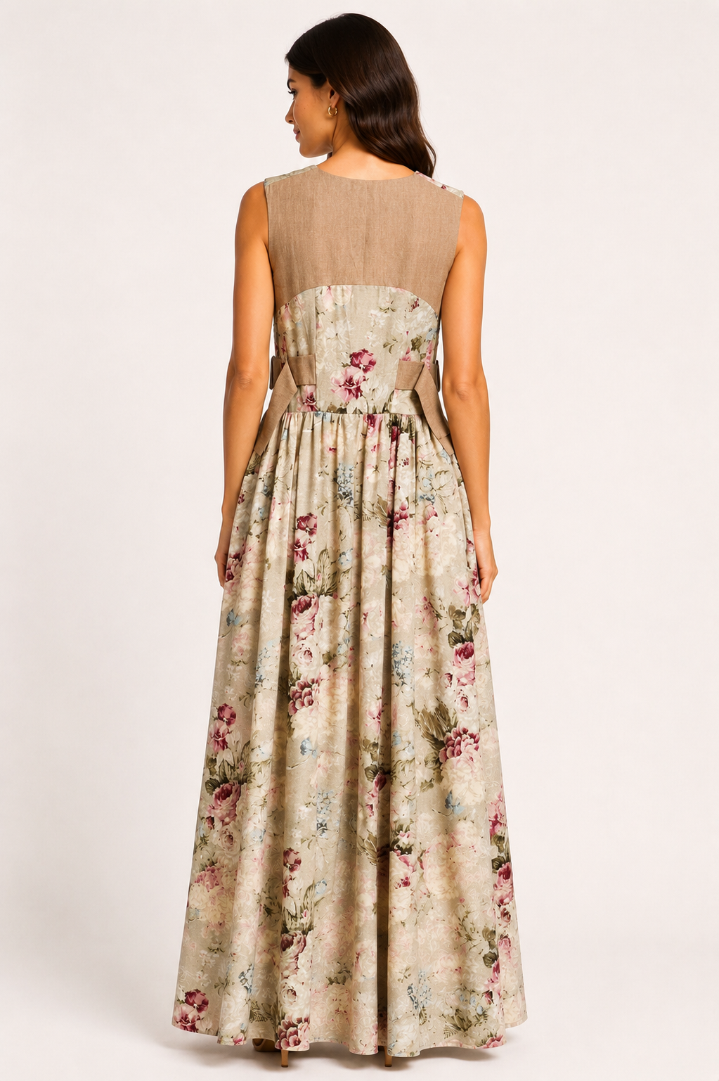 Vintage Floral Sleeveless Maxi Dress | Sustainable Occasion Dress with Adjustable D-Ring Waist