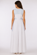 White Broderie Maxi Dress | Sustainable Sleeveless Occasion Dress with Floral Jacquard Waist Ties