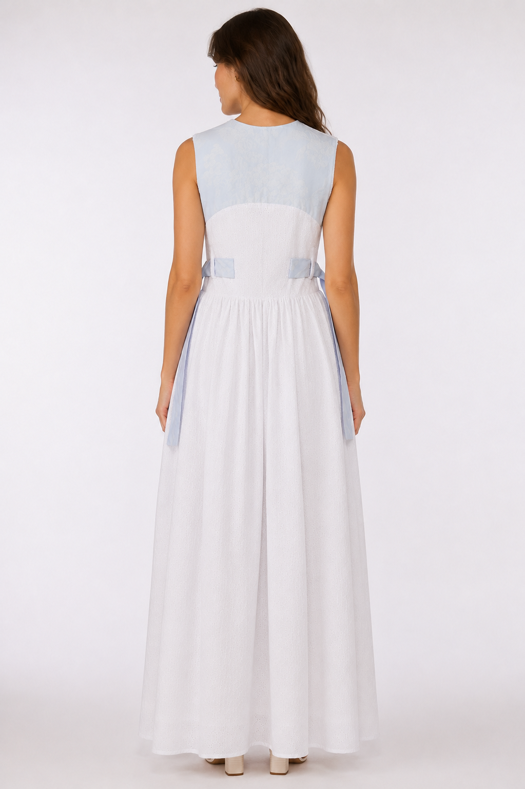 White Broderie Maxi Dress | Sustainable Sleeveless Occasion Dress with Floral Jacquard Waist Ties