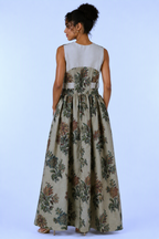 Vintage Floral Maxi Dress | Sustainable Sleeveless Botanical Print Occasion Dress with D-Ring Waist Detail