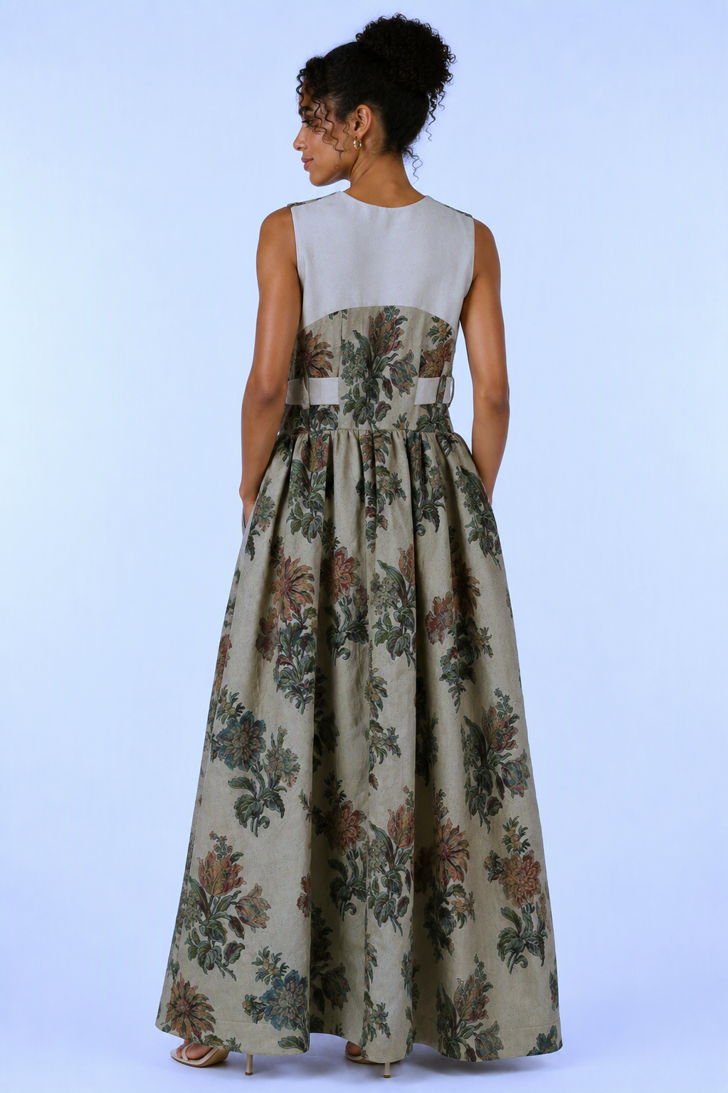 Vintage Floral Maxi Dress | Sustainable Sleeveless Botanical Print Occasion Dress with D-Ring Waist Detail