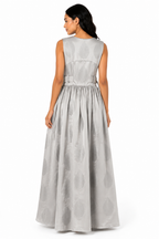 Silver Leaf Jacquard Maxi Dress | Sustainable Sleeveless Occasion Dress with Adjustable D-Ring Waist