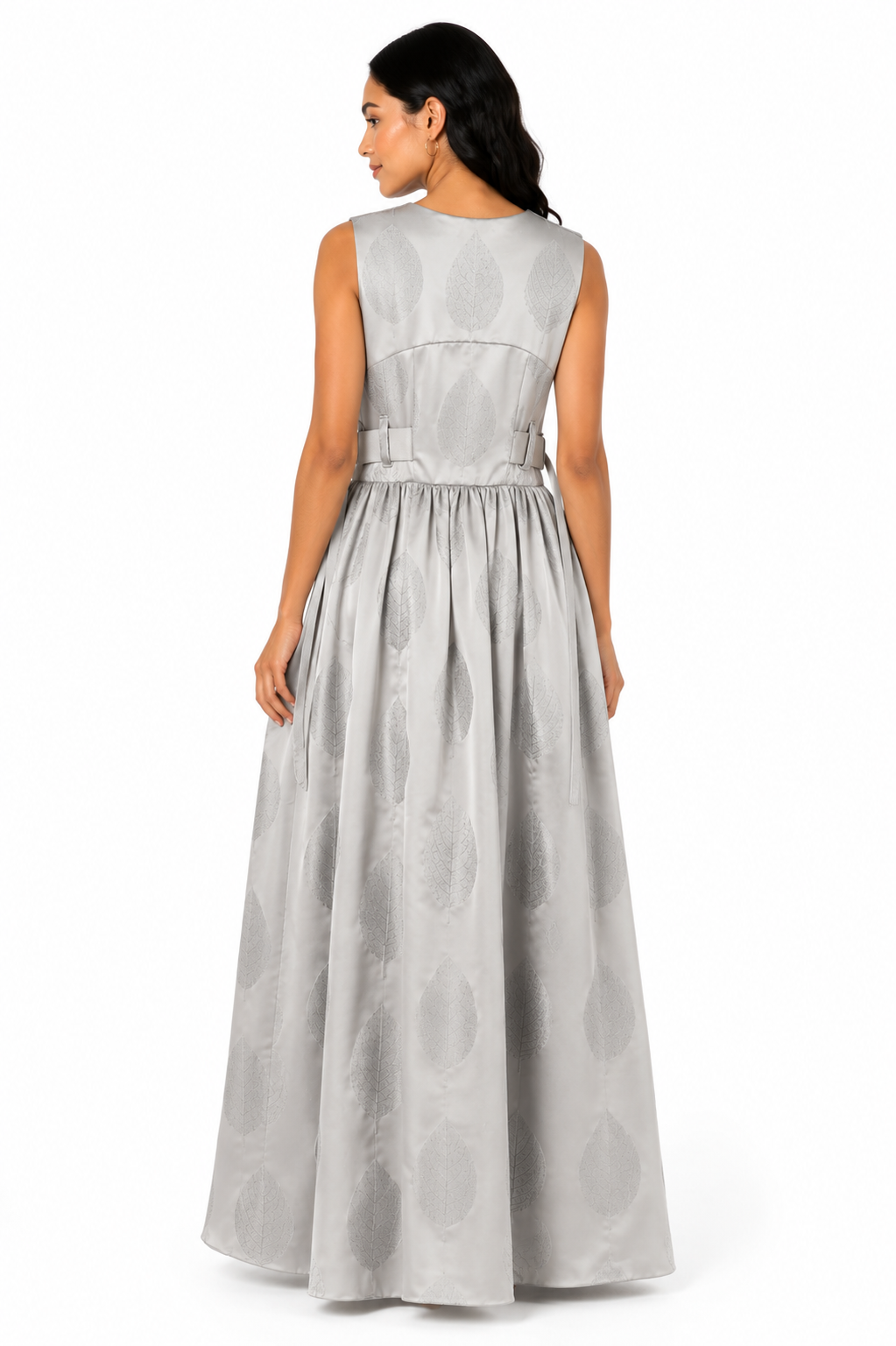 Silver Leaf Jacquard Maxi Dress | Sustainable Sleeveless Occasion Dress with Adjustable D-Ring Waist