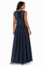 Midnight Jacquard Maxi Dress | Sustainable Sleeveless Occasion Dress with Contrast D-Ring Waist Ties