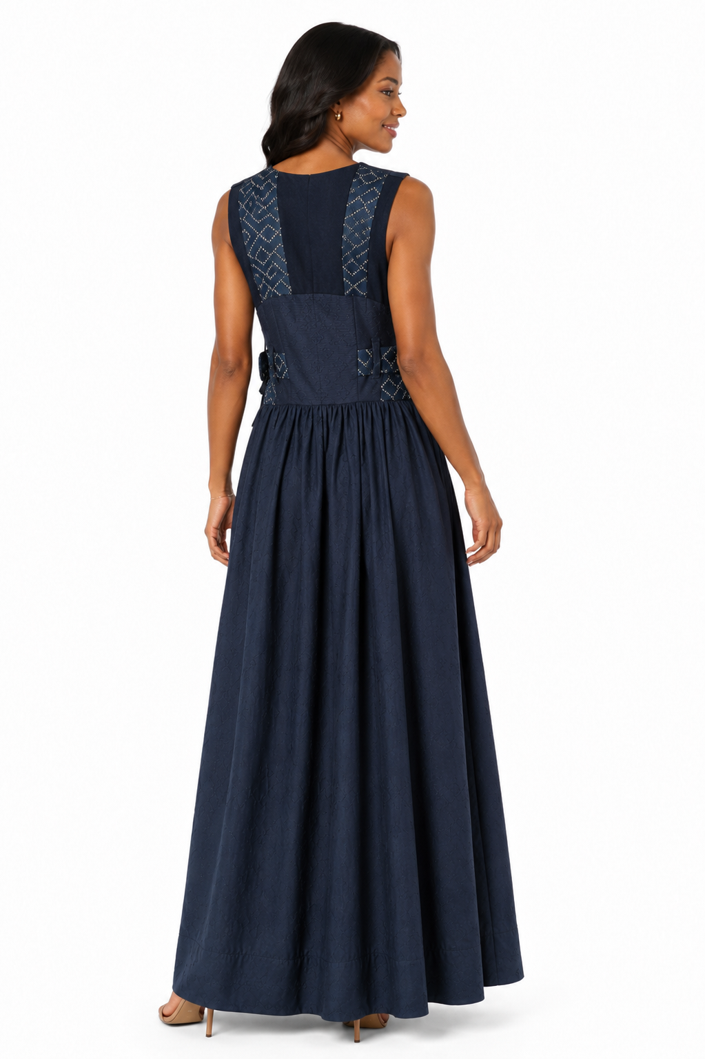 Midnight Jacquard Maxi Dress | Sustainable Sleeveless Occasion Dress with Contrast D-Ring Waist Ties