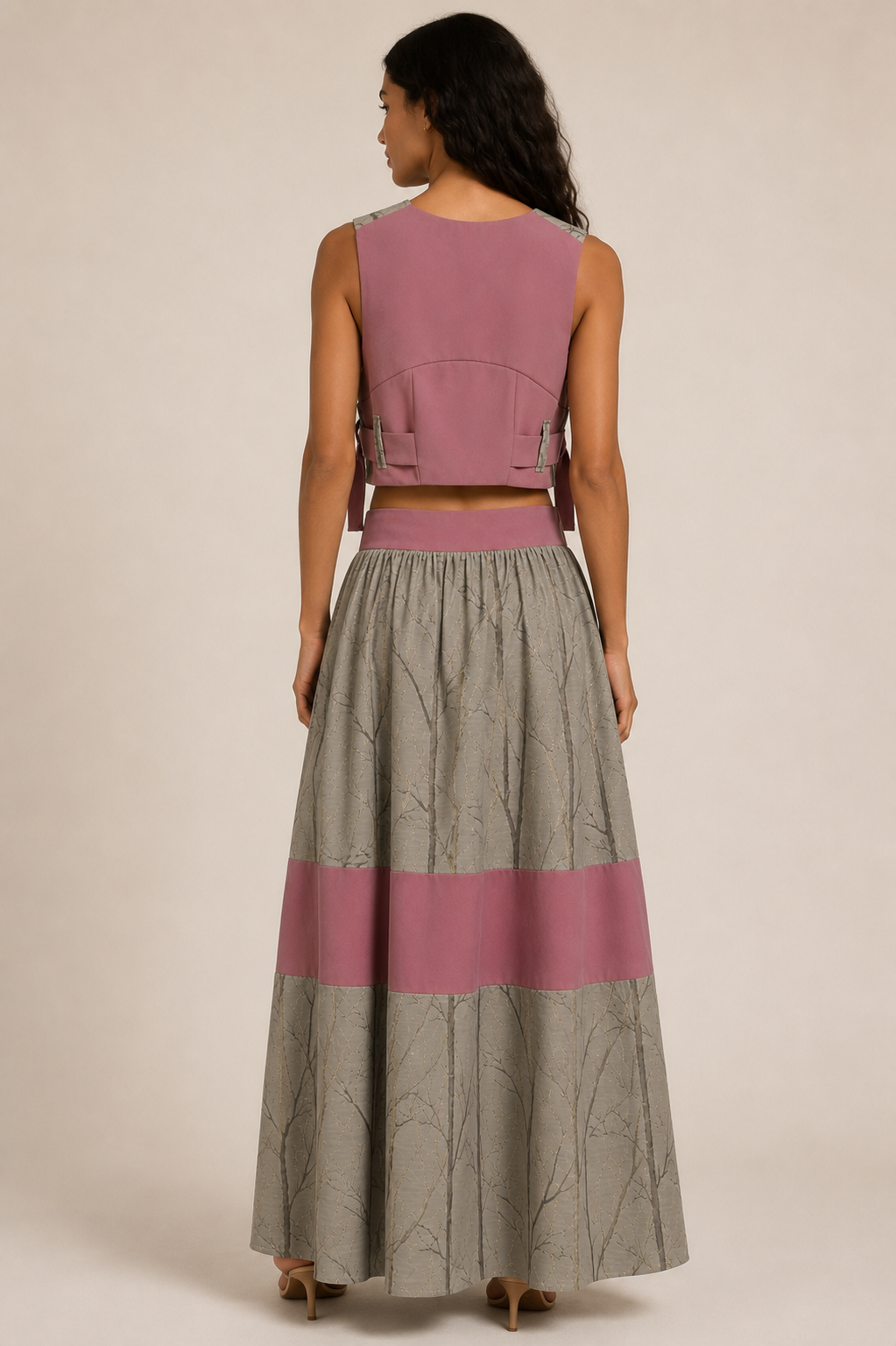 Woodland Print Co-Ord Set | Sustainable Sleeveless Crop Top & Maxi Skirt
