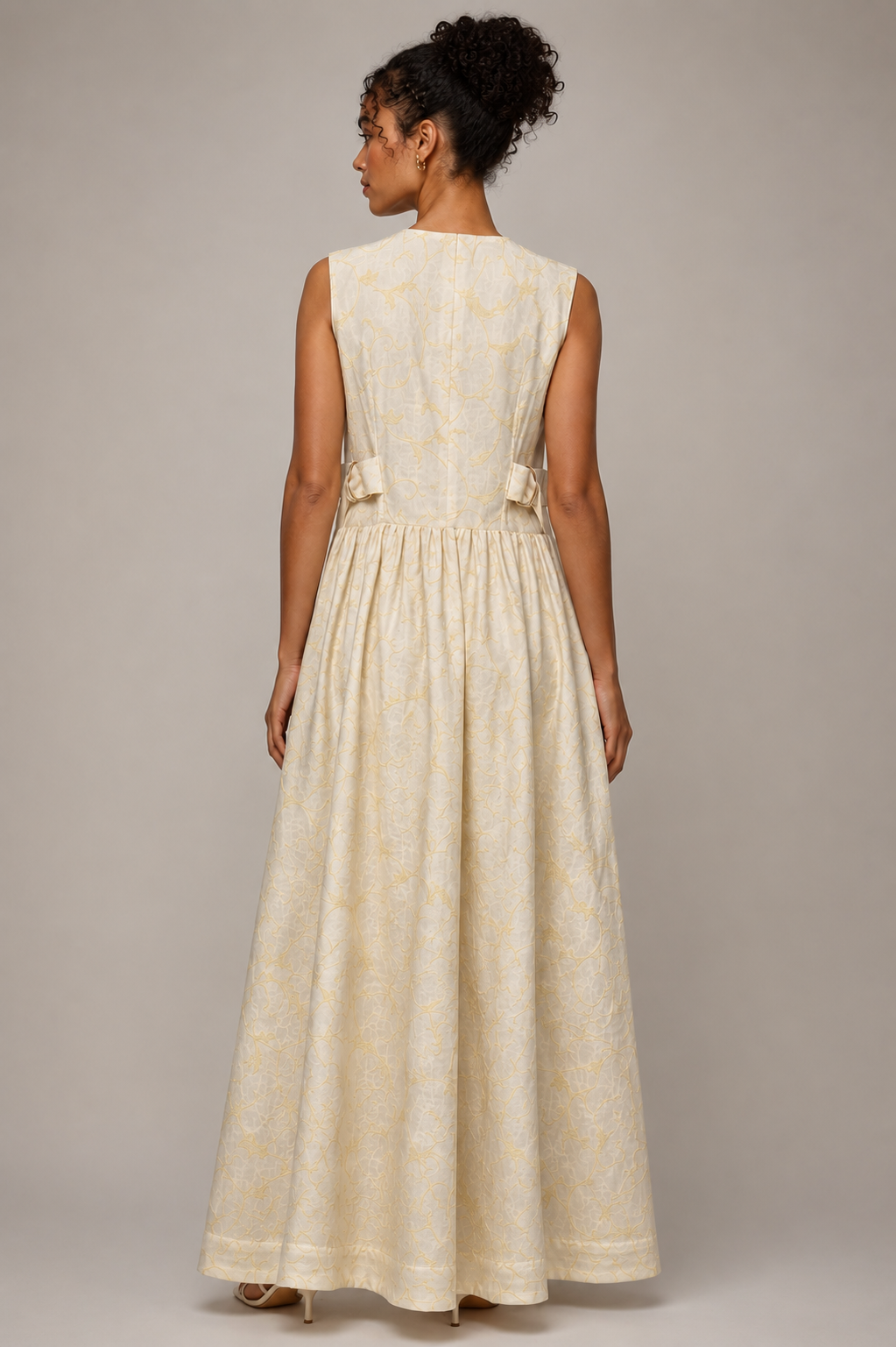 Ivory Embroidered Maxi Dress | Sustainable Sleeveless Occasion Dress with Patchwork D-Ring Waist Detail