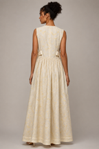 Ivory Embroidered Maxi Dress | Sustainable Sleeveless Occasion Dress with Patchwork D-Ring Waist Detail
