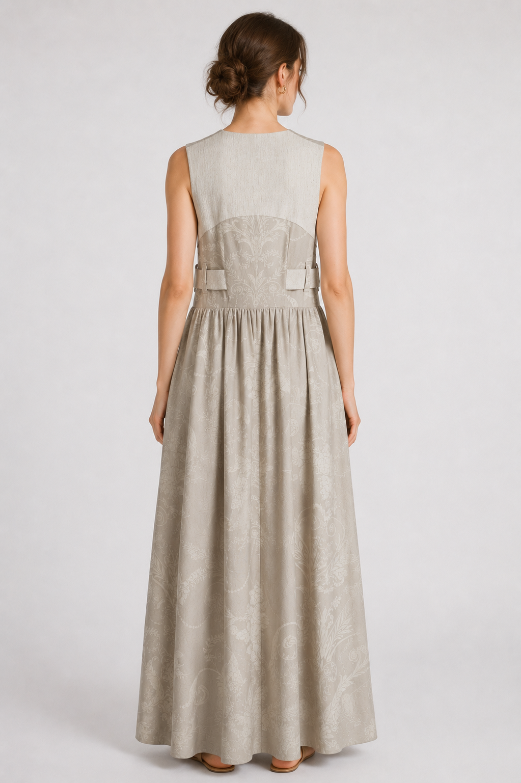 Stone Floral Jacquard Maxi Dress | Sustainable Sleeveless Occasion Dress with Adjustable D-Ring Waist