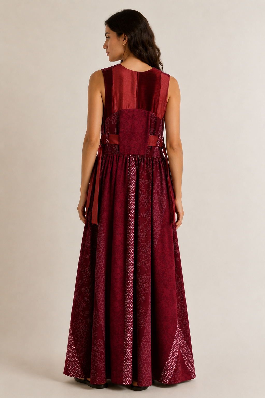 Burgundy Patchwork Maxi Dress | Sustainable Sleeveless Floral Occasion Dress with Adjustable D-Ring Waist