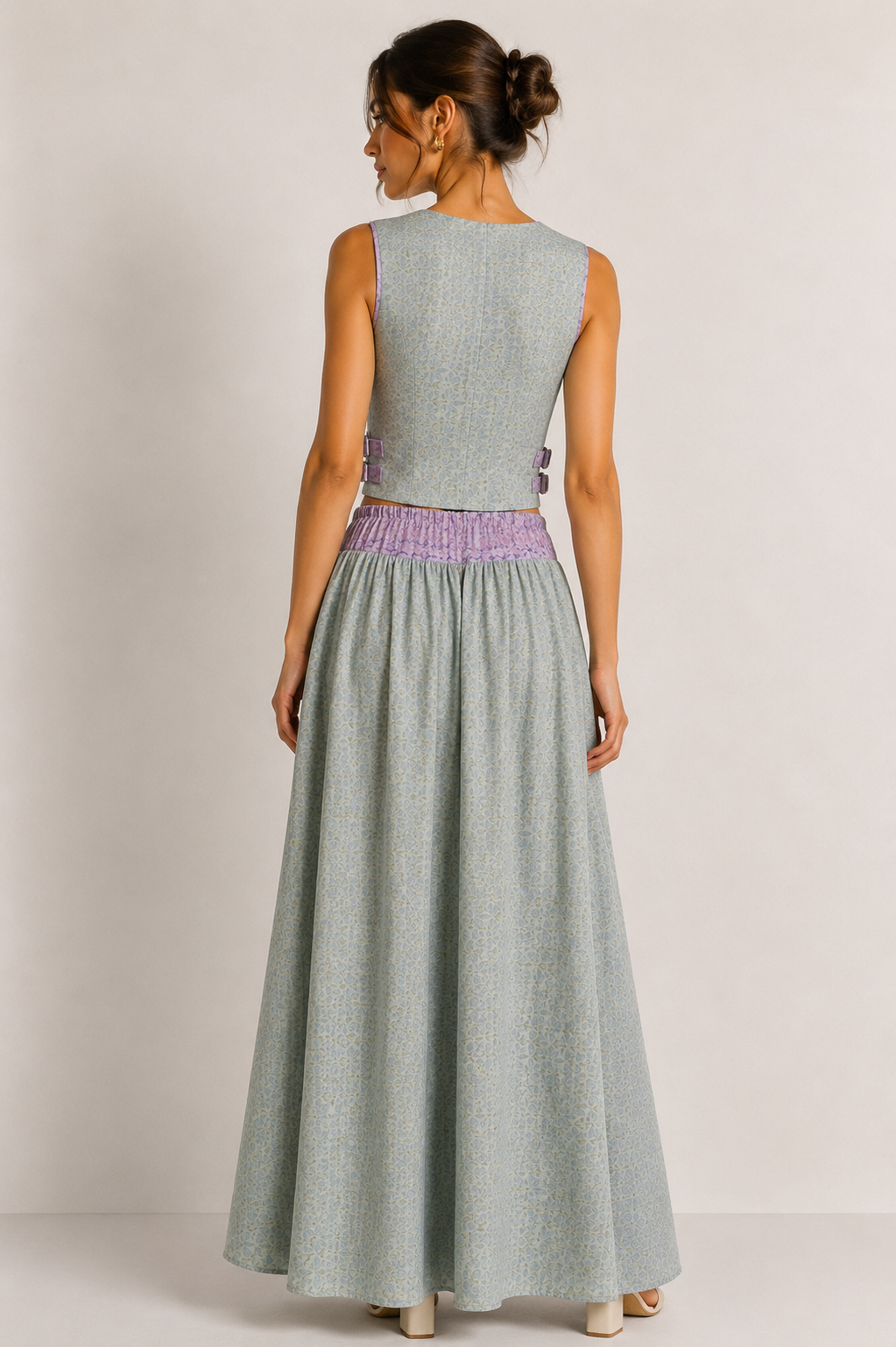 Sage Green Geometric Co-Ord Set | Sustainable Sleeveless Crop Top & Maxi Skirt
