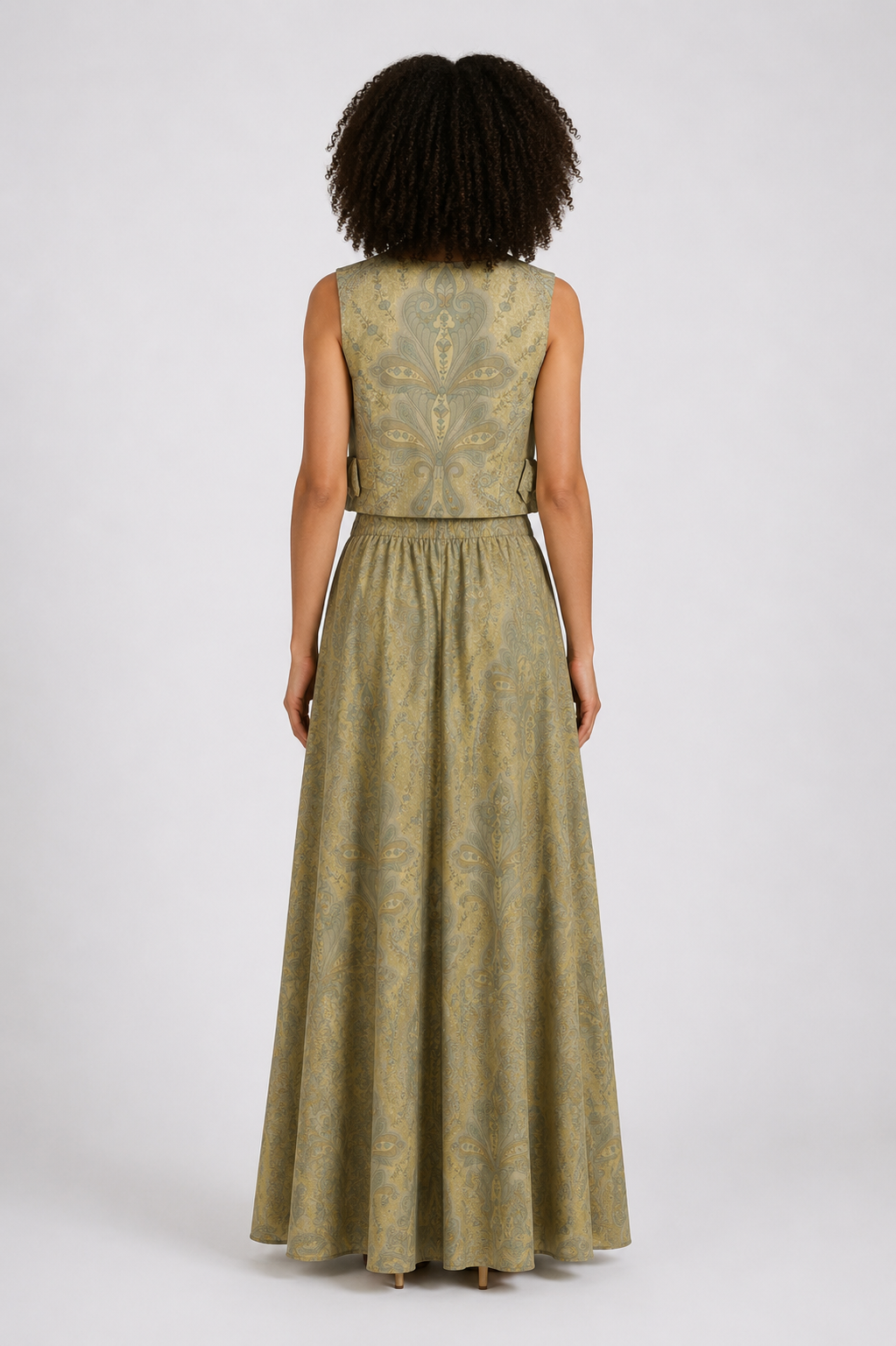 Soft Gold Paisley Co-Ord Set | Sustainable Sleeveless Crop Top & Maxi Skirt