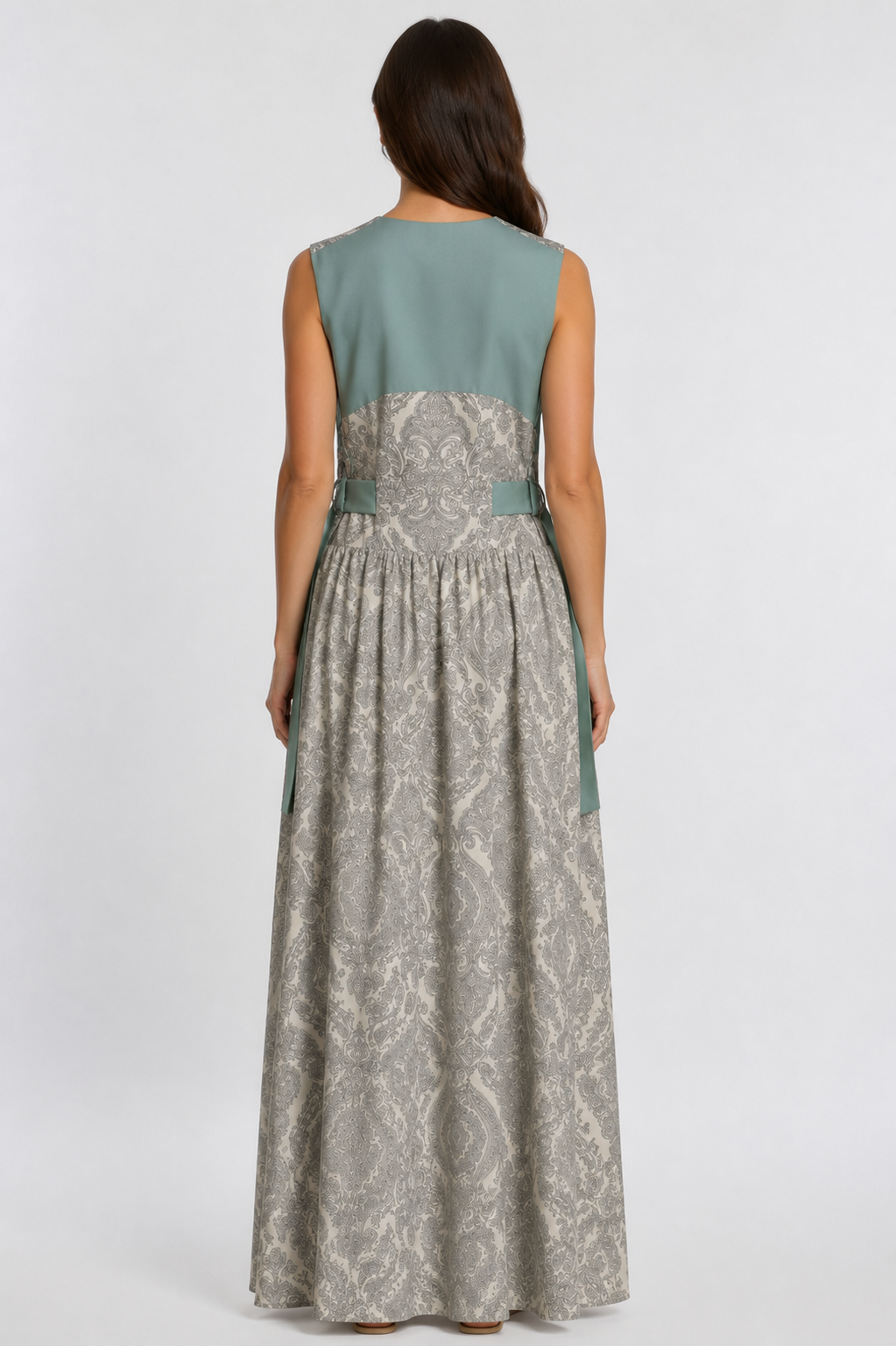 Grey Paisley Maxi Dress | Sustainable Sleeveless Occasion Dress with Sage Adjustable D-Ring Waist