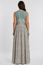 Grey Paisley Maxi Dress | Sustainable Sleeveless Occasion Dress with Sage Adjustable D-Ring Waist