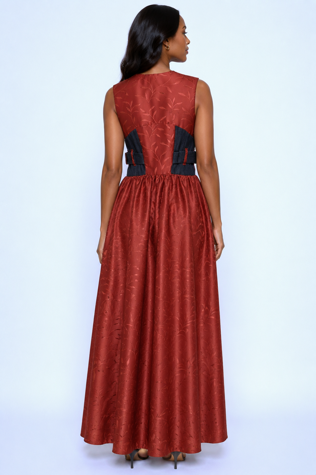 Rust Jacquard Maxi Dress | Sustainable Sleeveless Dress with Denim Corset Panel & Adjustable D-Ring Waist