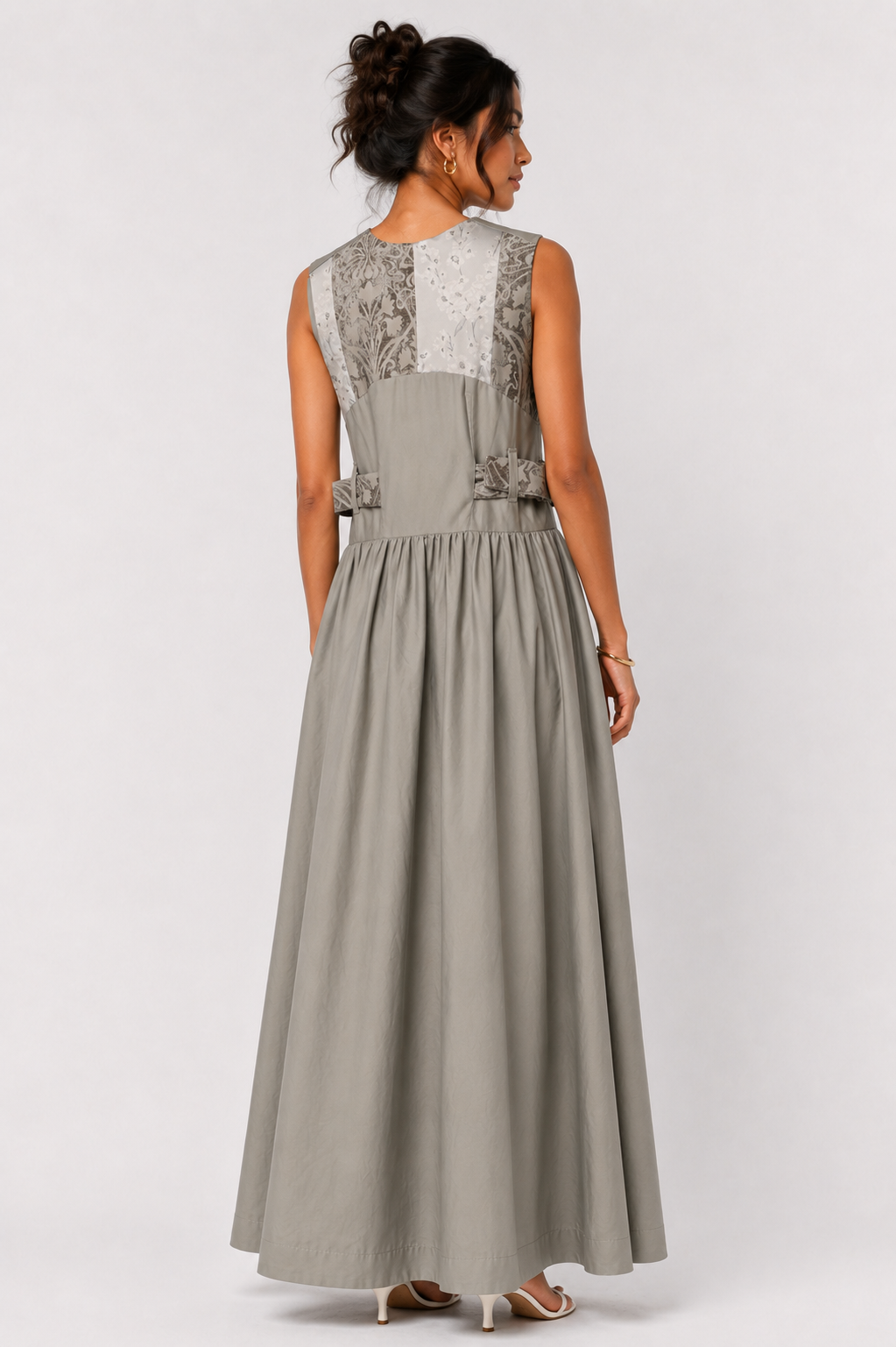 Stone Grey Maxi Dress | Sustainable Sleeveless Dress with Adjustable Jacquard D-Ring Waist