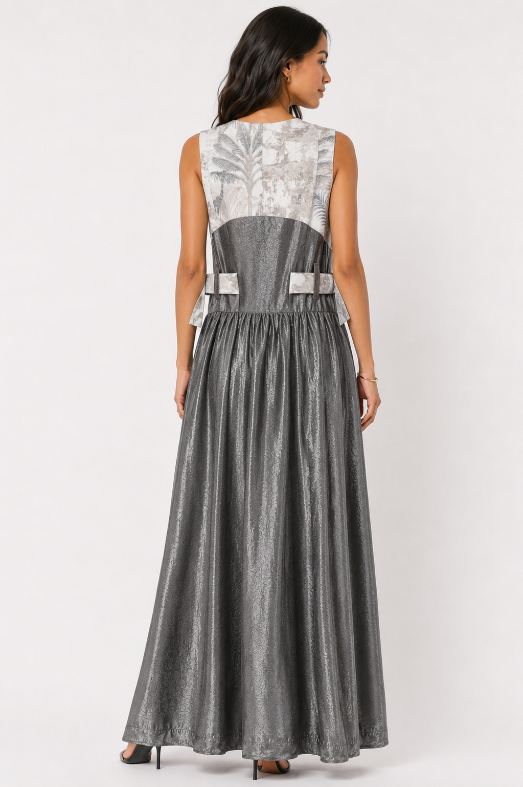 Silver Jacquard Maxi Dress | Sustainable Sleeveless Occasion Dress with Adjustable D-Ring Waist