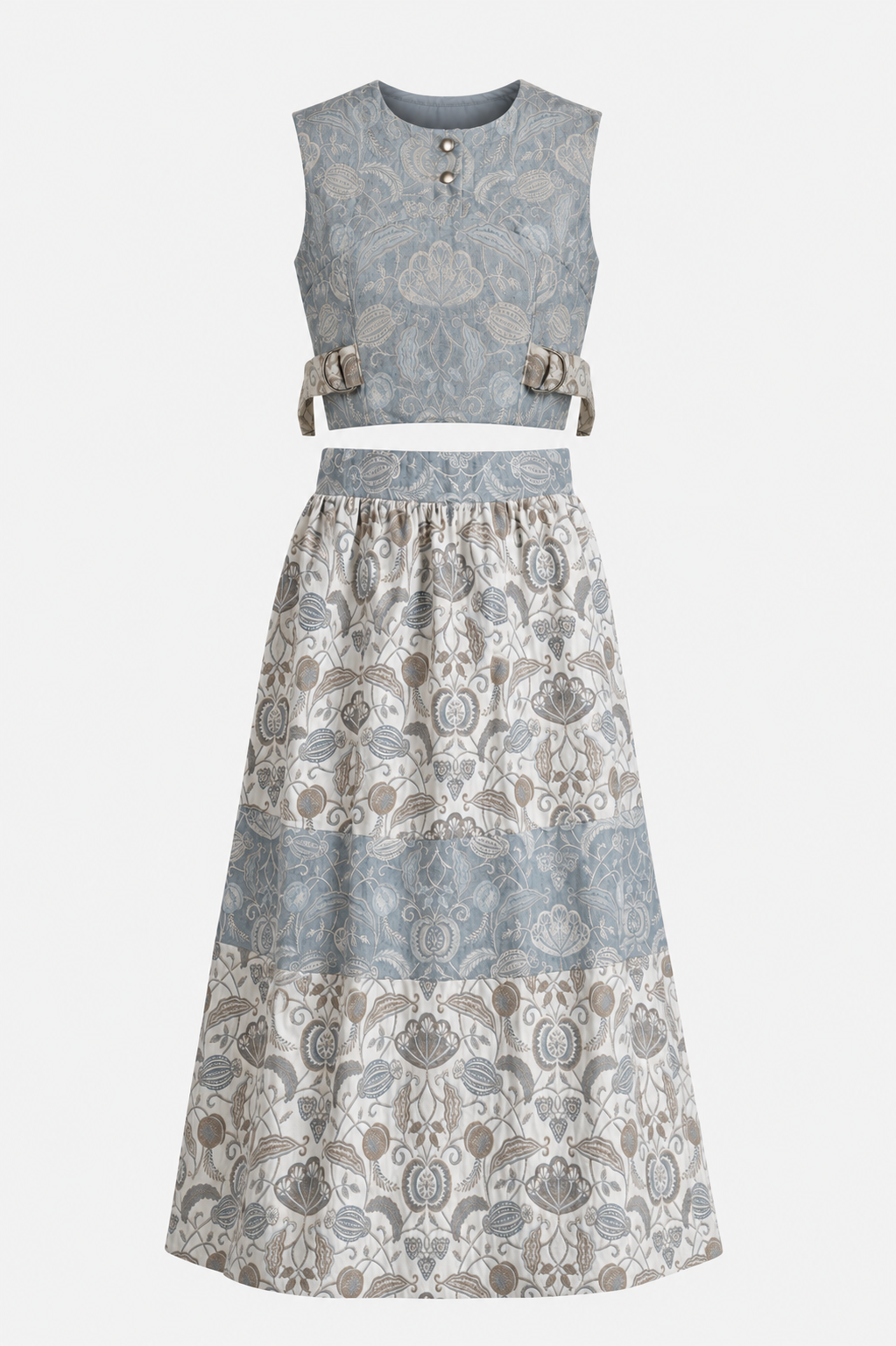 Blue Botanical Co-Ord Set | Sustainable Sleeveless Crop Top & Tiered Maxi Skirt