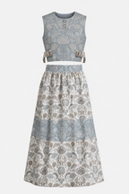 Blue Botanical Co-Ord Set | Sustainable Sleeveless Crop Top & Tiered Maxi Skirt