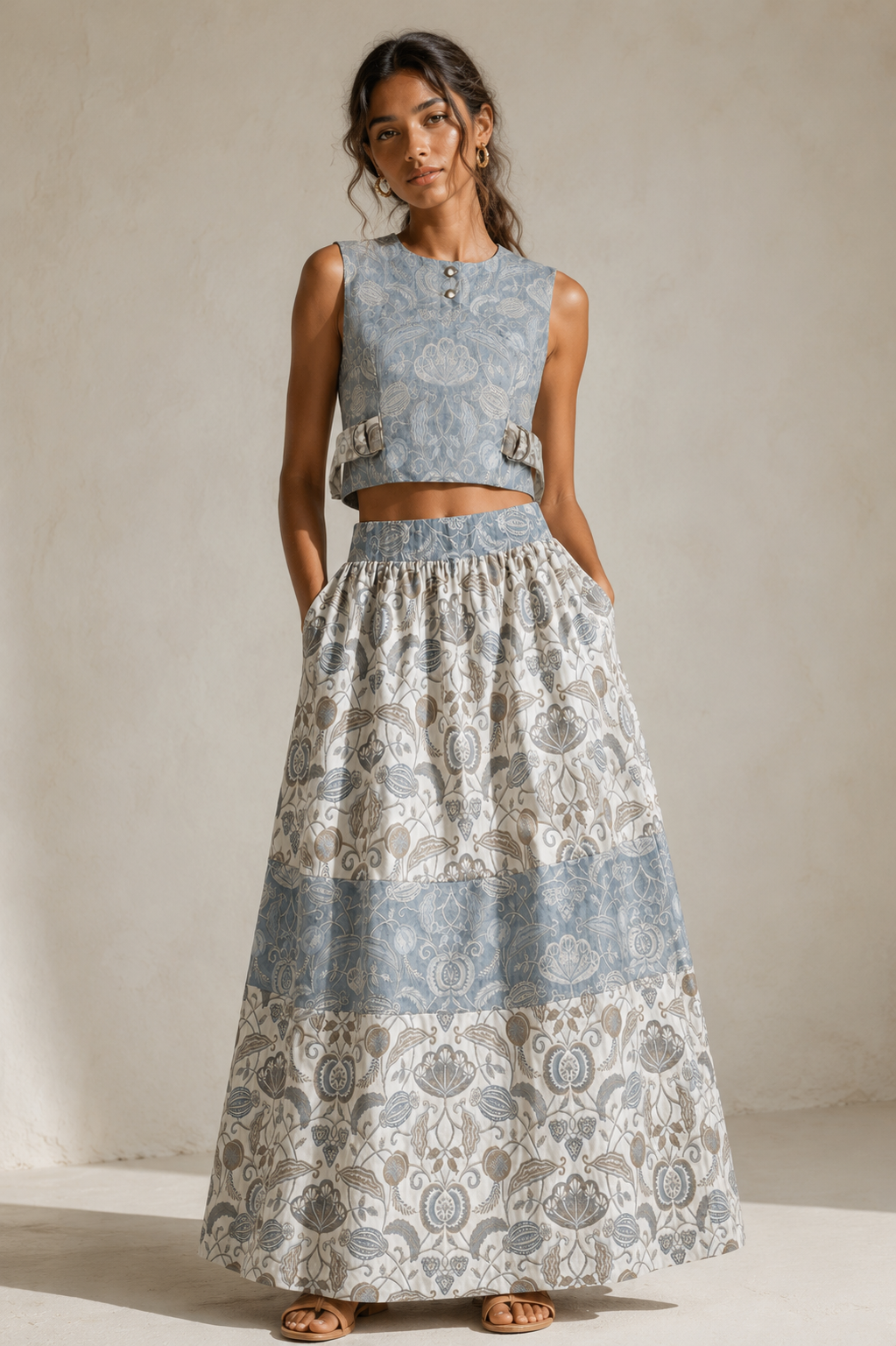 Blue Botanical Co-Ord Set | Sustainable Sleeveless Crop Top & Tiered Maxi Skirt
