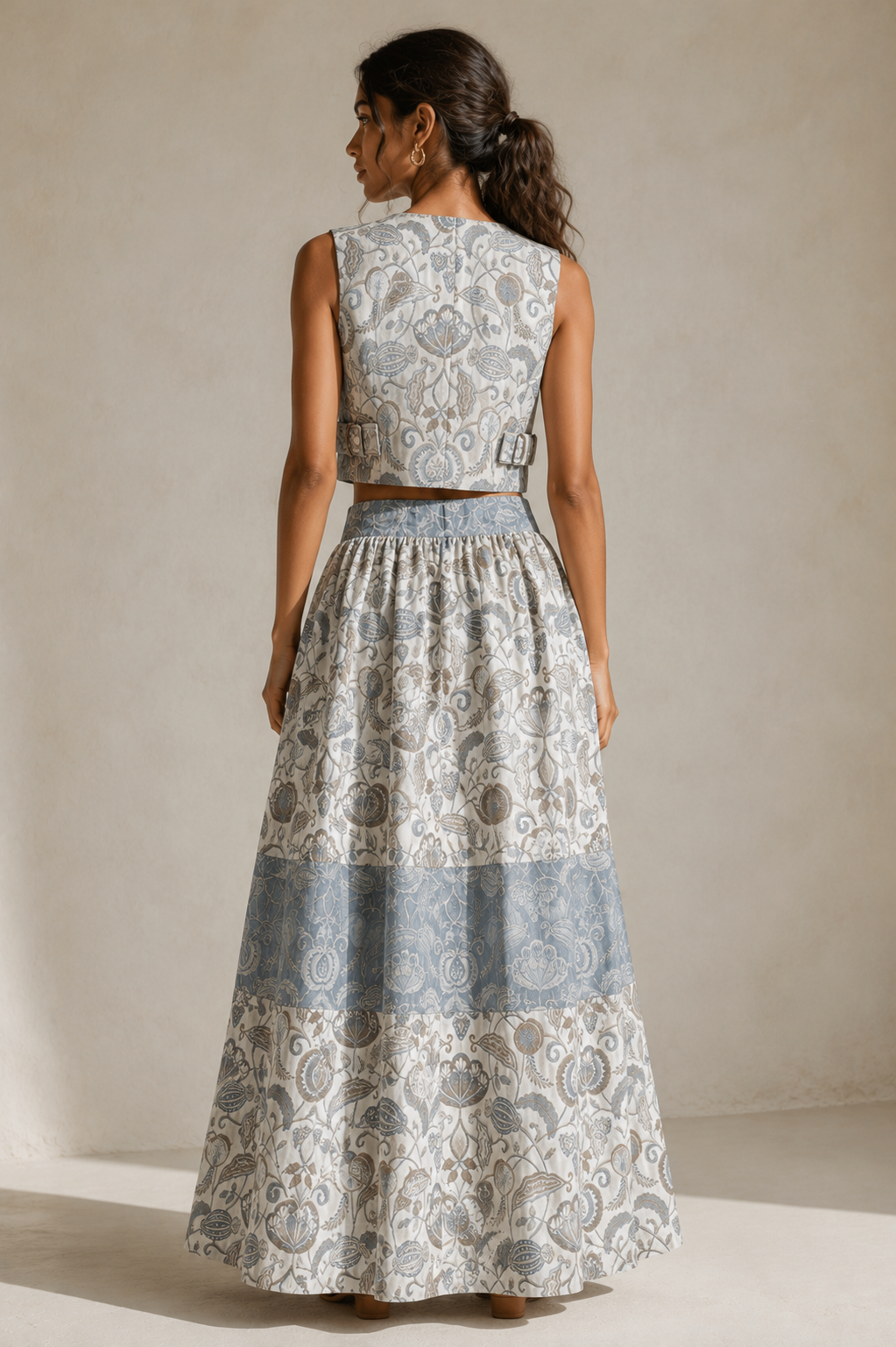 Blue Botanical Co-Ord Set | Sustainable Sleeveless Crop Top & Tiered Maxi Skirt