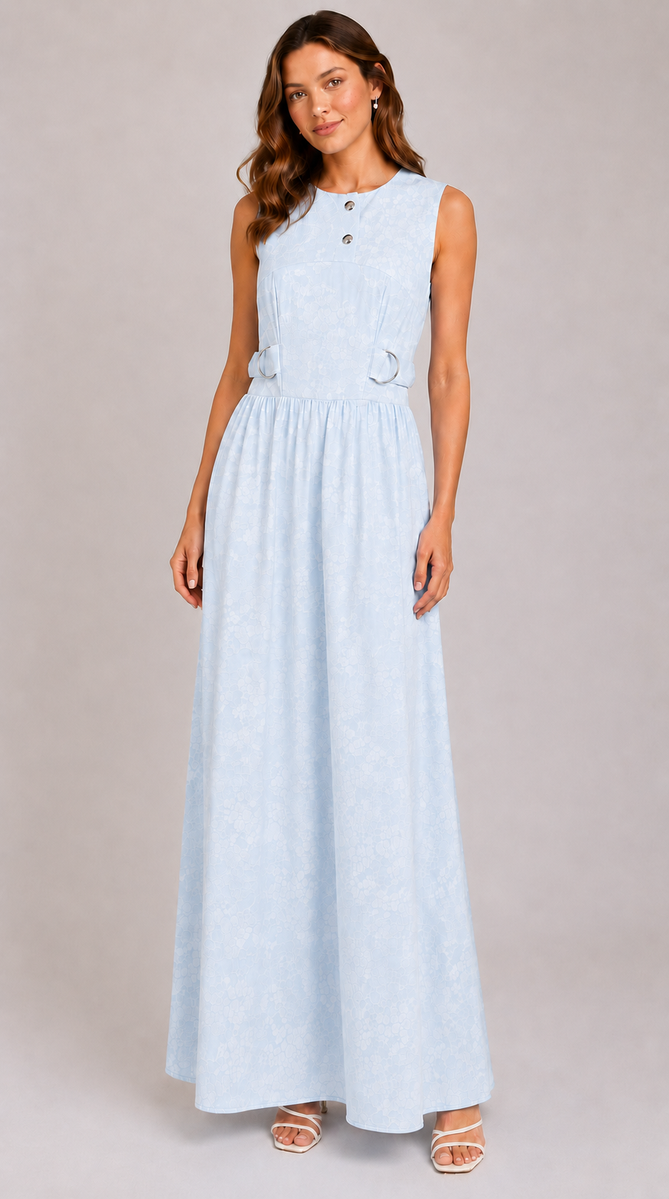 Powder Blue Floral Jacquard Sleeveless Maxi Dress | Sustainable Occasion Dress with Adjustable Waist
