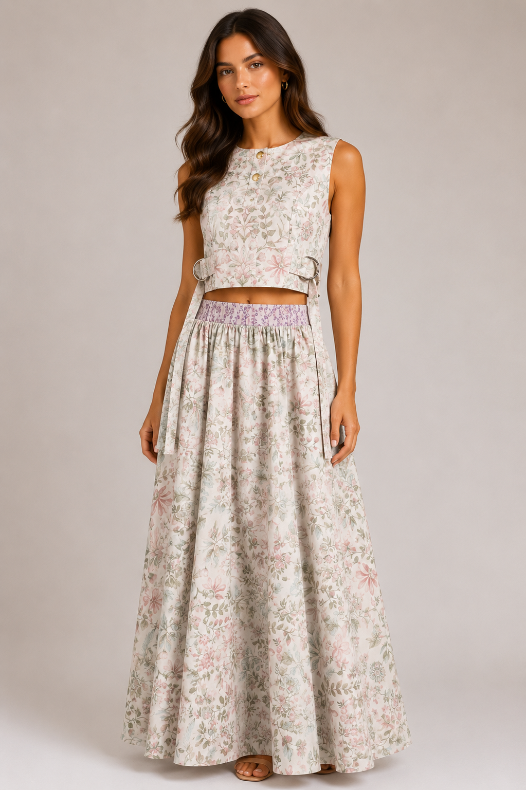 Vintage Floral Co-Ord Set | Sustainable Sleeveless Crop Top & Maxi Skirt