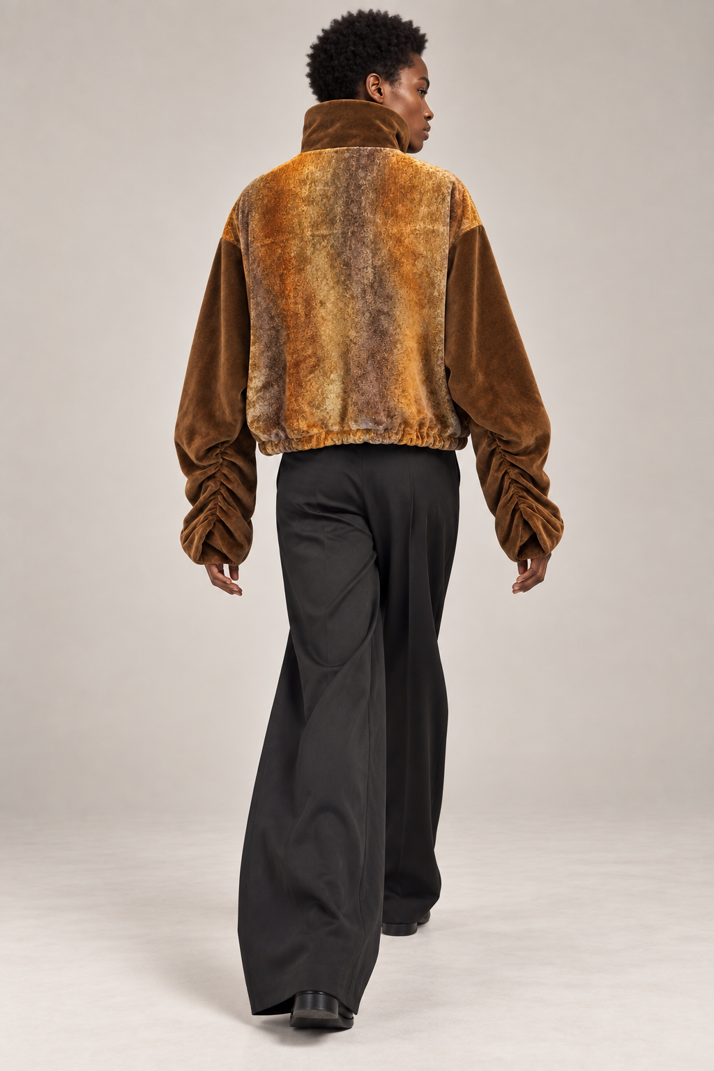 Bronze Panel Ruched-Sleeve Velvet Jacket