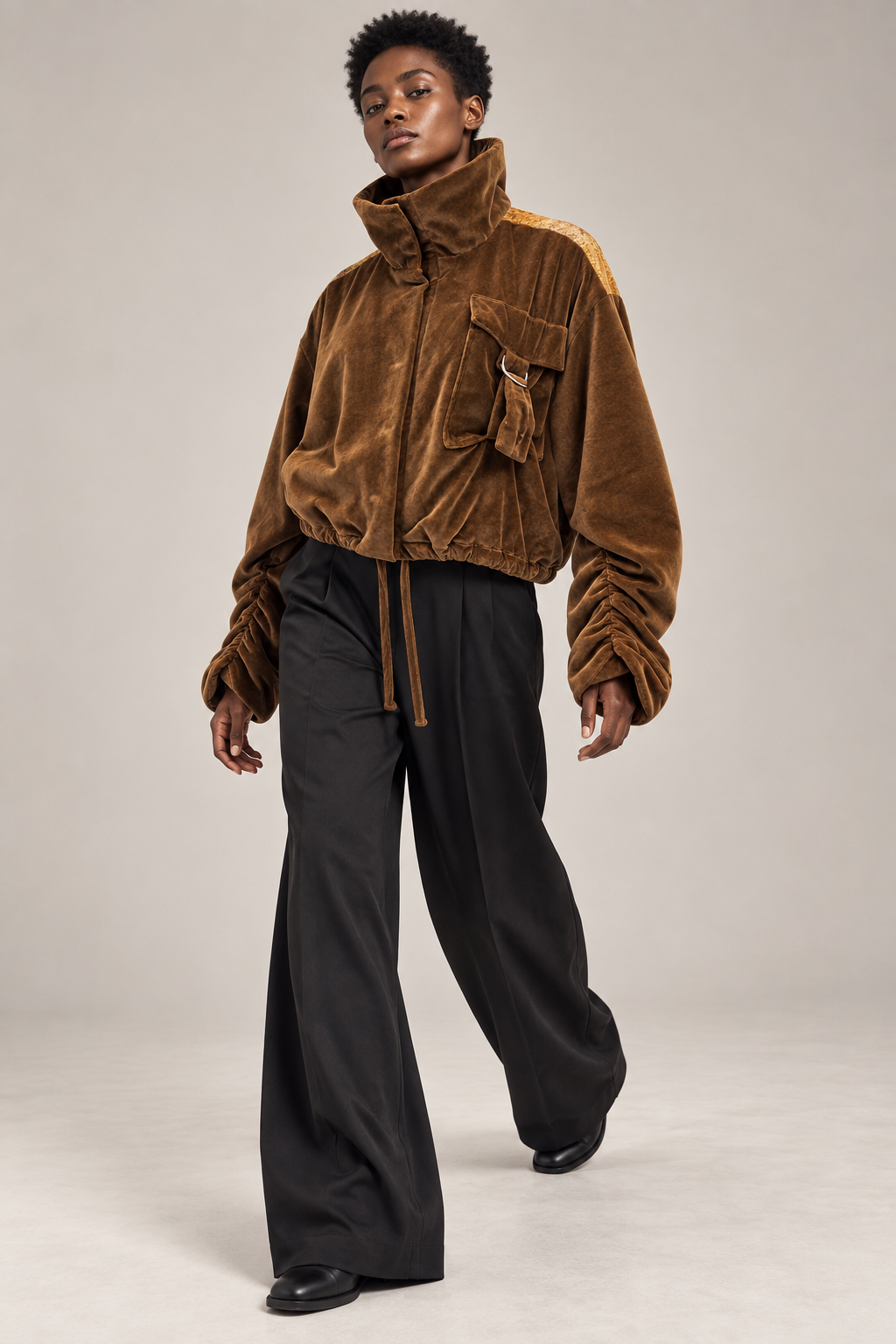 Bronze Panel Ruched-Sleeve Velvet Jacket
