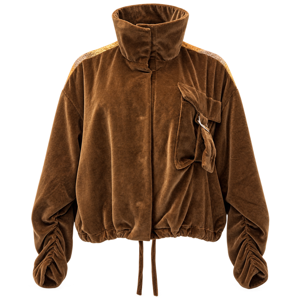 Bronze Panel Ruched-Sleeve Velvet Jacket