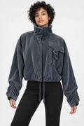 Charcoal Velvet Utility Jacket with Ruched Sleeves | Neuthread