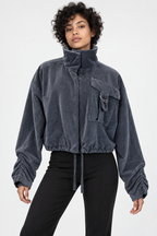 Charcoal Velvet Utility Jacket with Ruched Sleeves | Neuthread