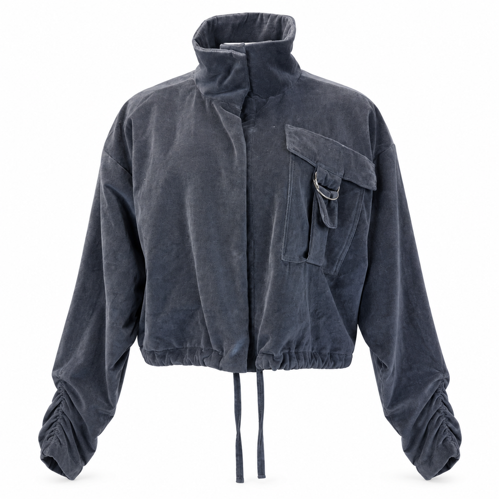 Charcoal Velvet Utility Jacket with Ruched Sleeves | Neuthread
