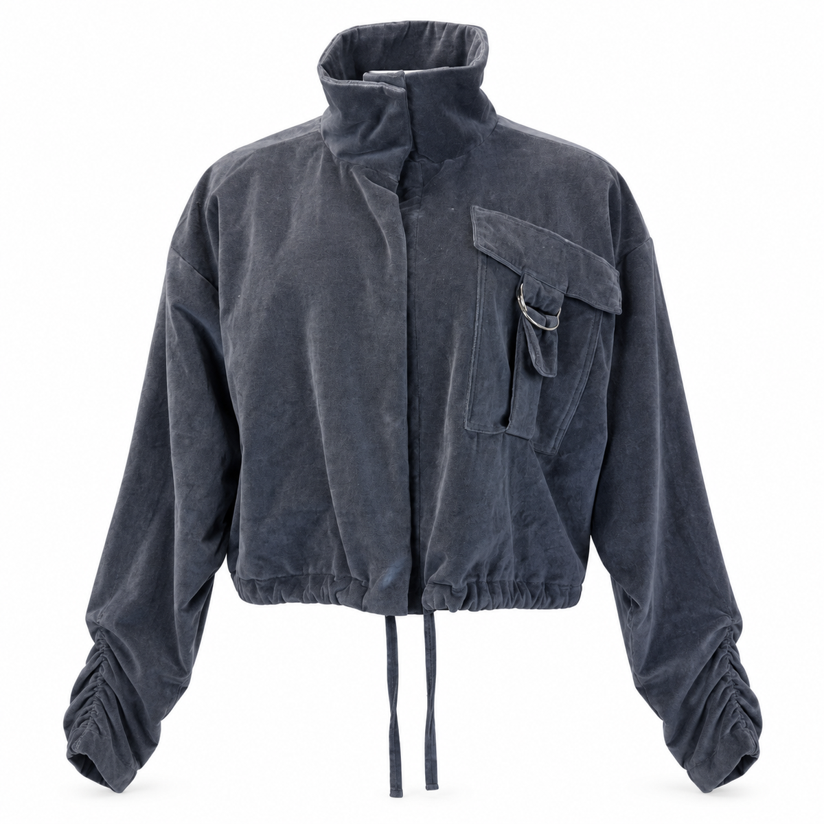 Charcoal Velvet Utility Jacket with Ruched Sleeves | Neuthread