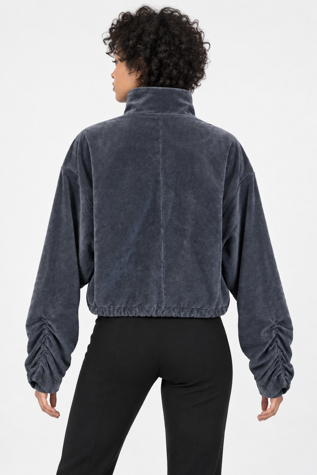 Charcoal Velvet Utility Jacket with Ruched Sleeves | Neuthread