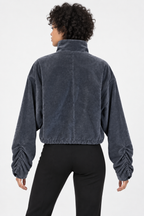 Charcoal Velvet Utility Jacket with Ruched Sleeves | Neuthread