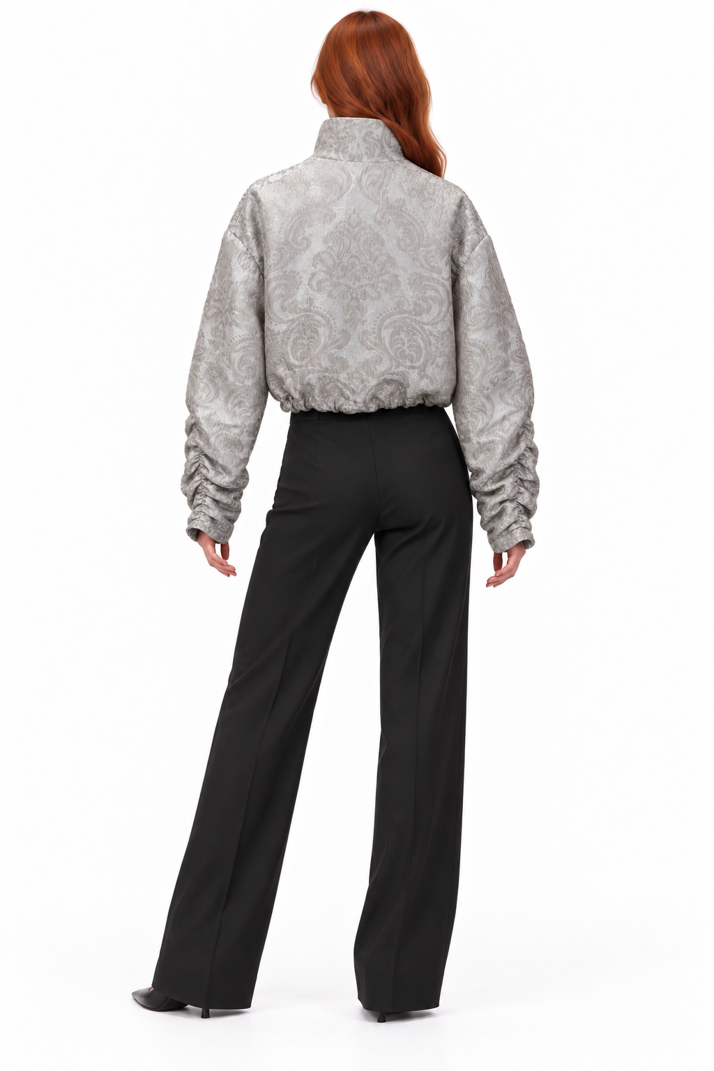 Silver Jacquard Ruched-Sleeve Jacket
