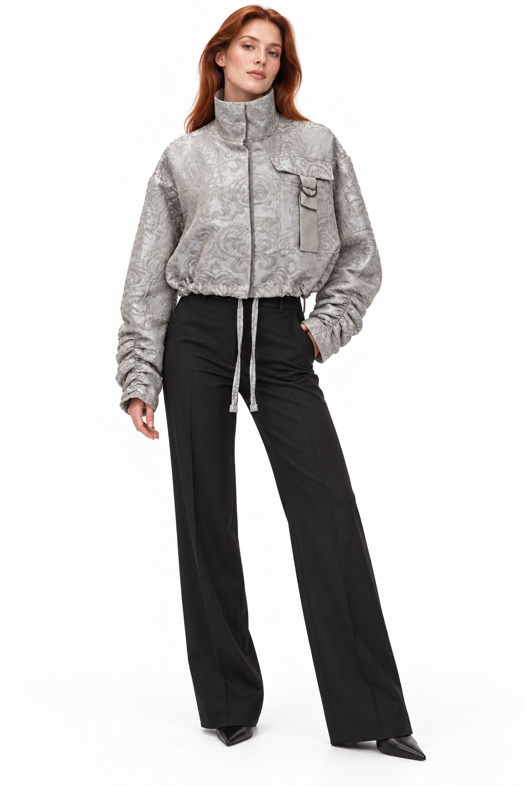 Silver Jacquard Ruched-Sleeve Jacket