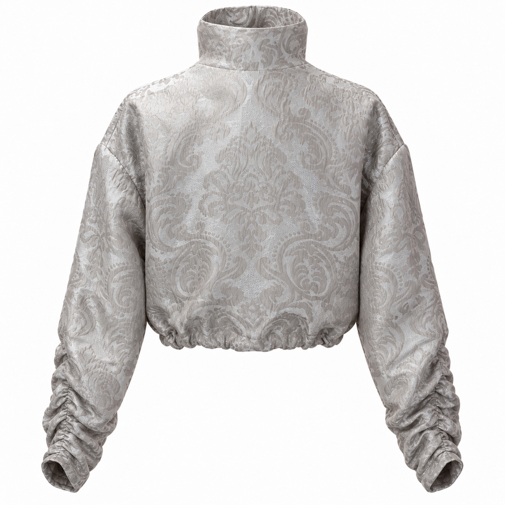 Silver Jacquard Ruched-Sleeve Jacket