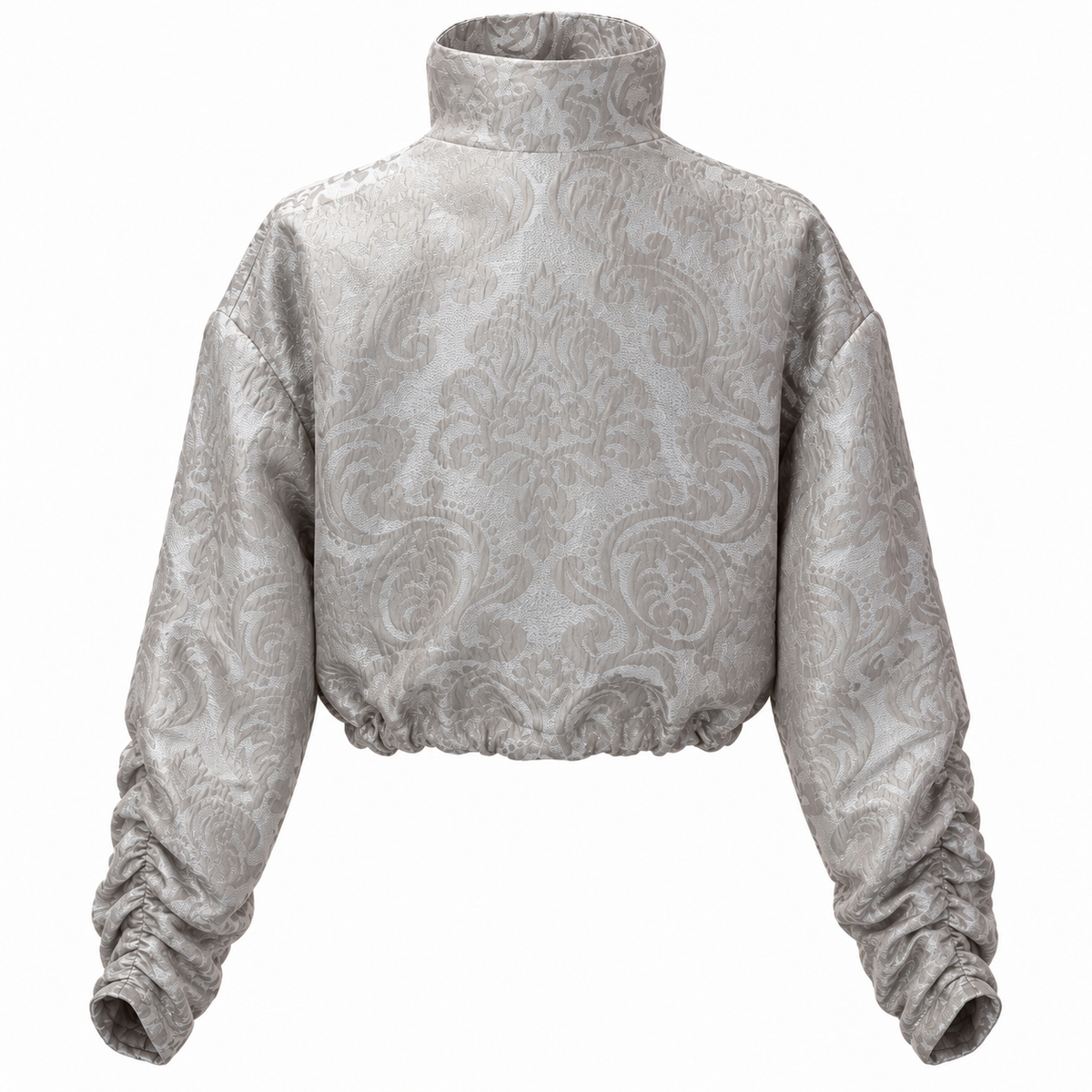 Silver Jacquard Ruched-Sleeve Jacket