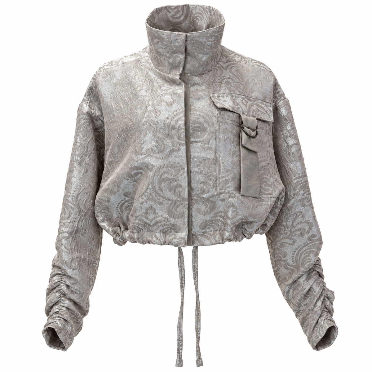 Silver Jacquard Ruched-Sleeve Jacket