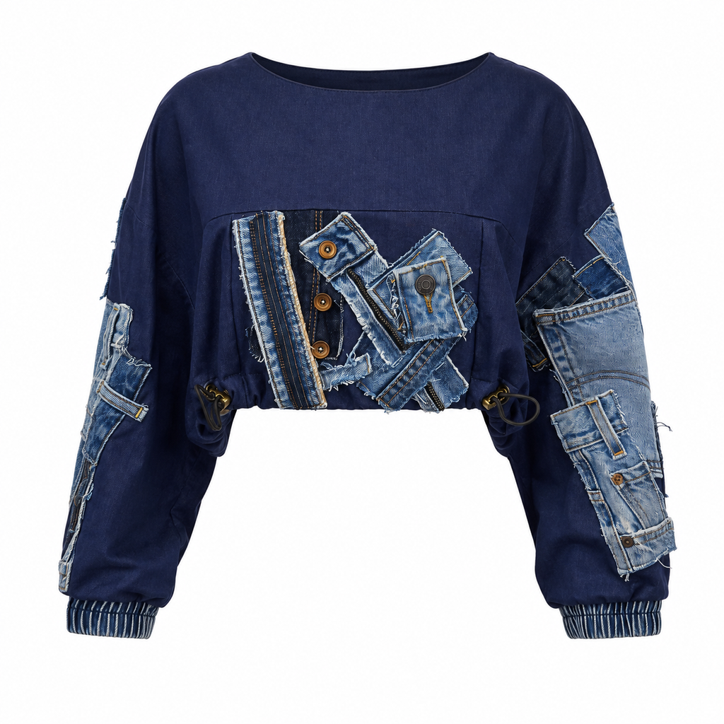 Indigo Reworked Denim Patchwork Cropped Top