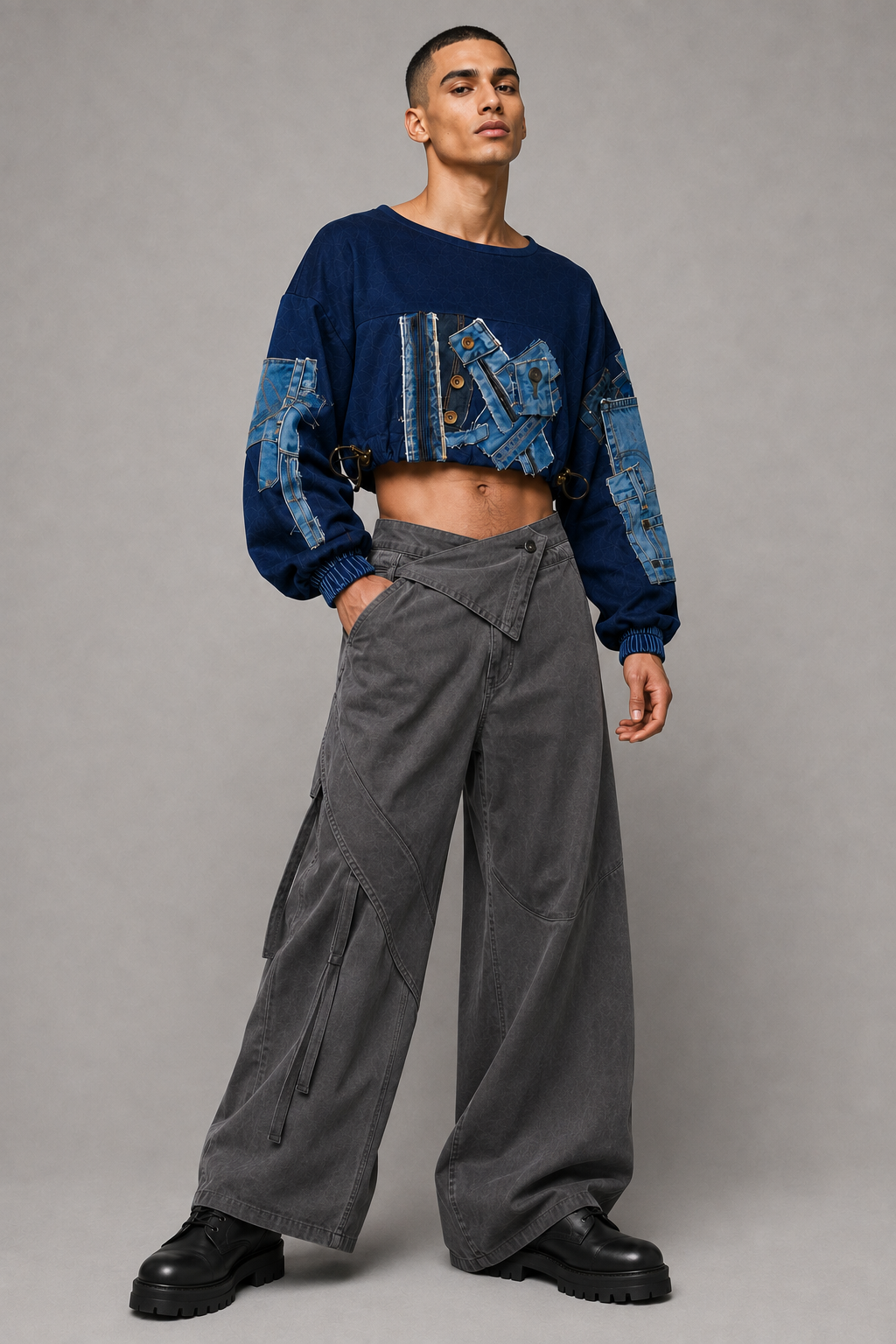 Indigo Reworked Denim Patchwork Cropped Top