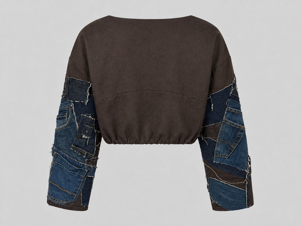 Cropped Patchwork Top with Denim Sleeves
